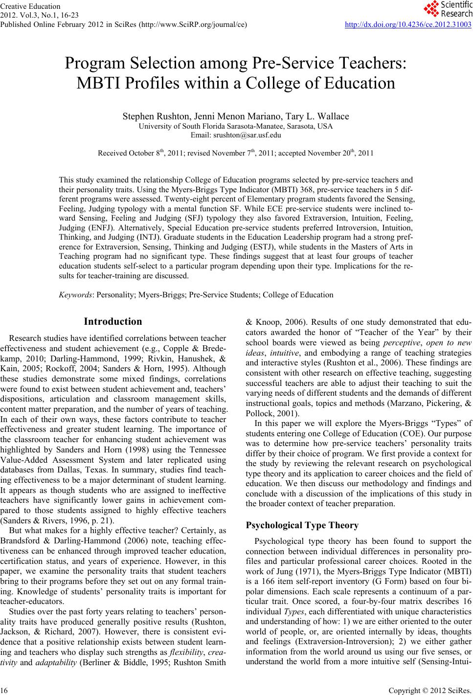 Dissertation appendix myers briggs type indicator