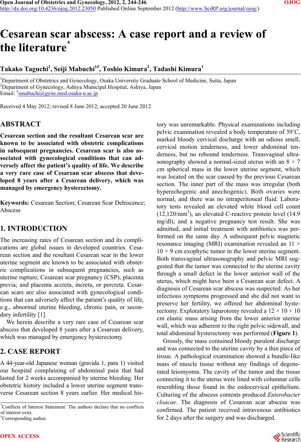Cesarean scar abscess A case report and a review of the literature