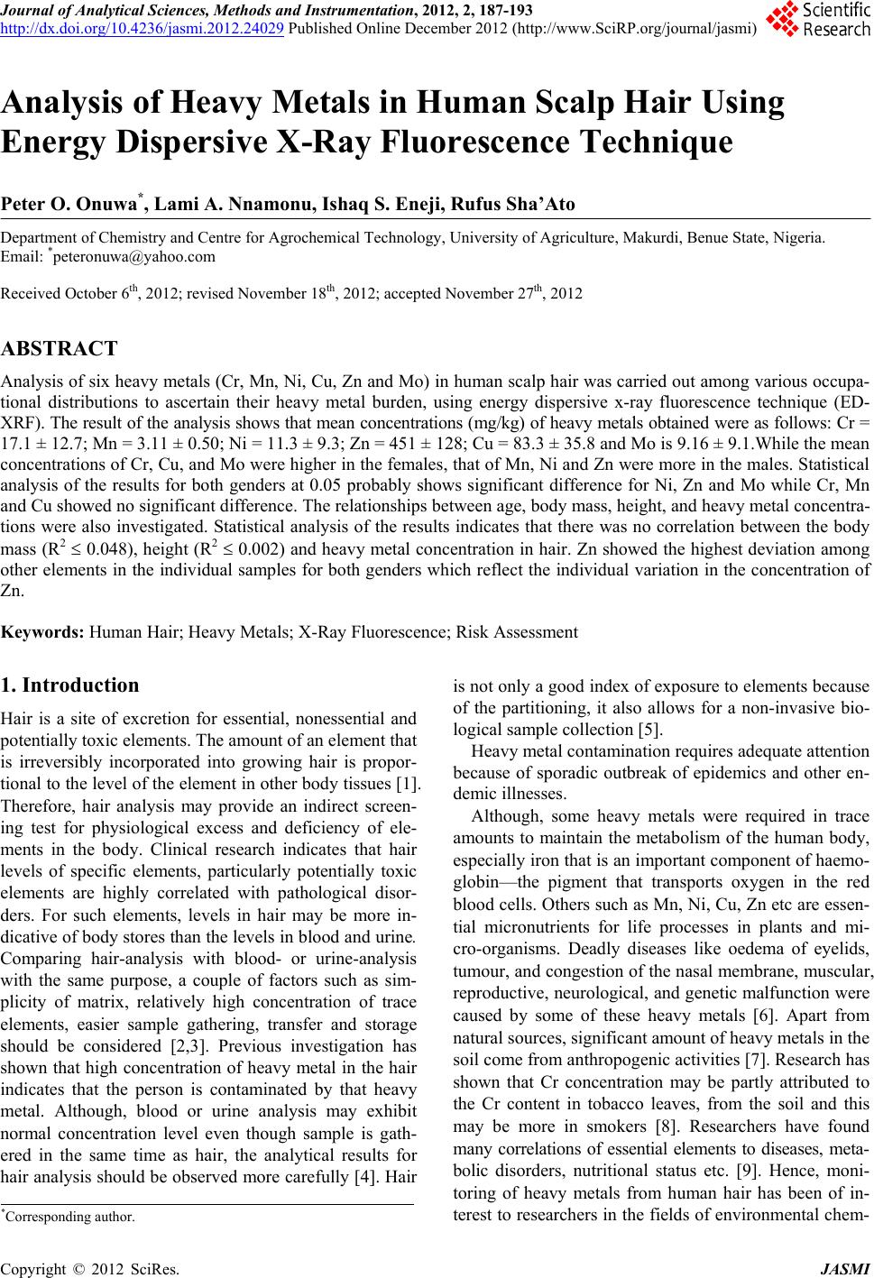 Analysis of Heavy Metals in Human Scalp Hair Using Energy Dispersive X