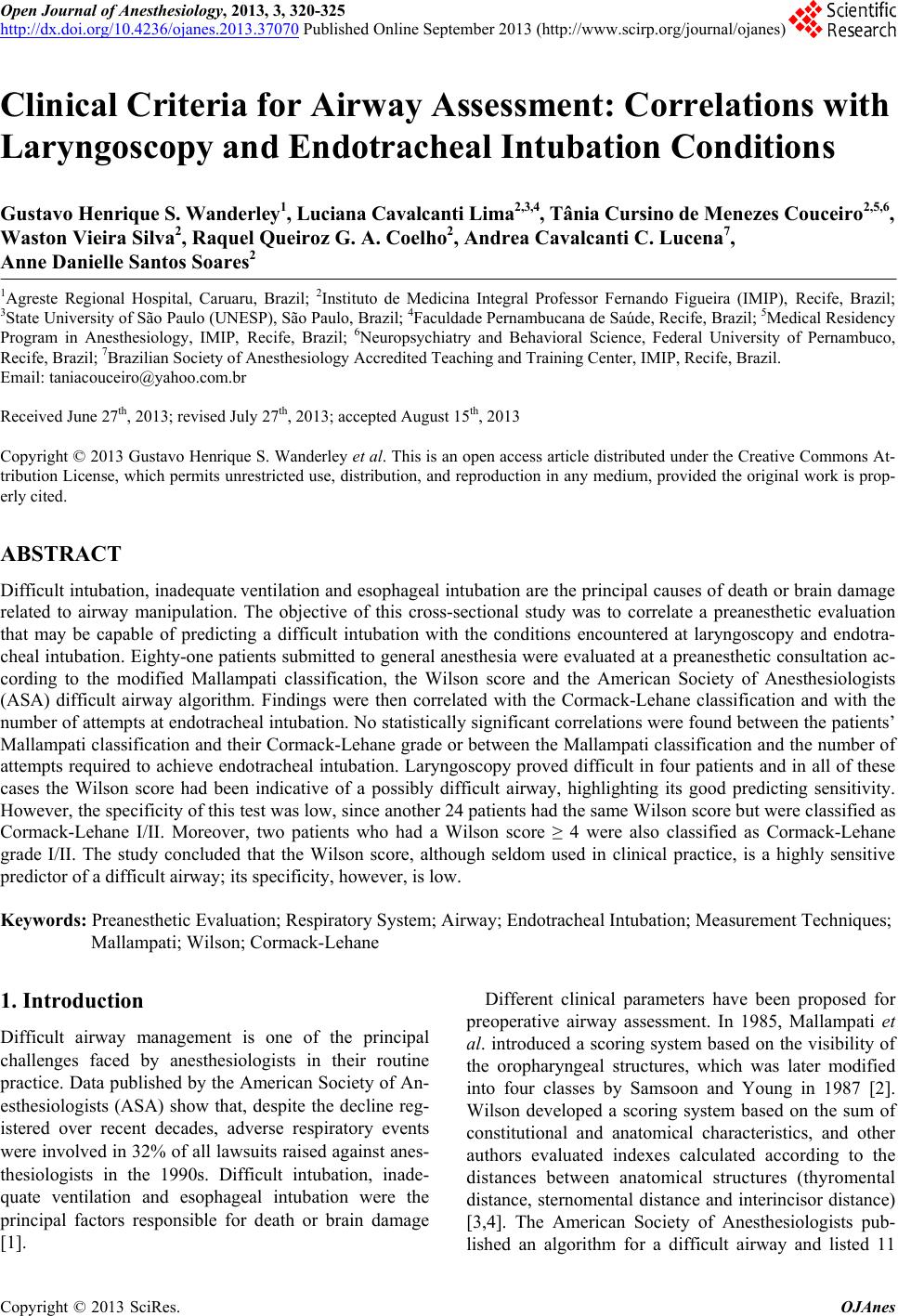 Clinical Criteria for Airway Assessment Correlations with Laryngoscopy and Endotracheal