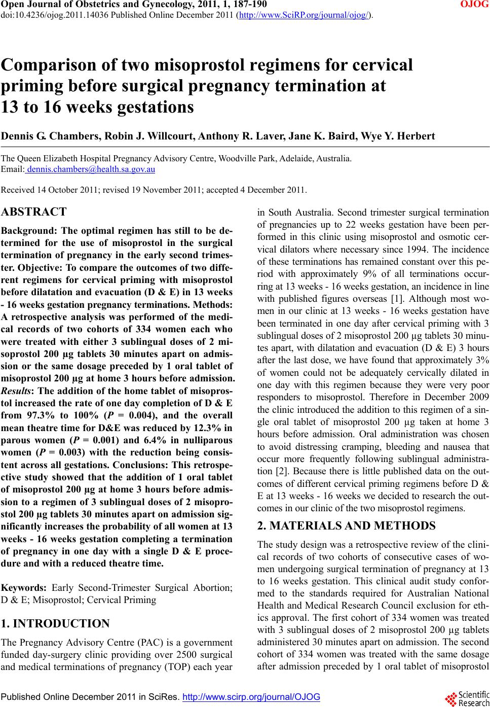 Comparison of two misoprostol regimens for cervical priming before