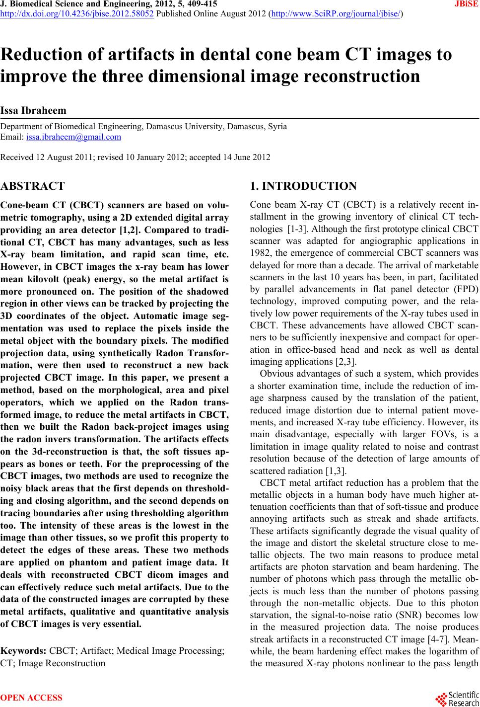 Reduction of artifacts in dental cone beam CT images to improve the ...
