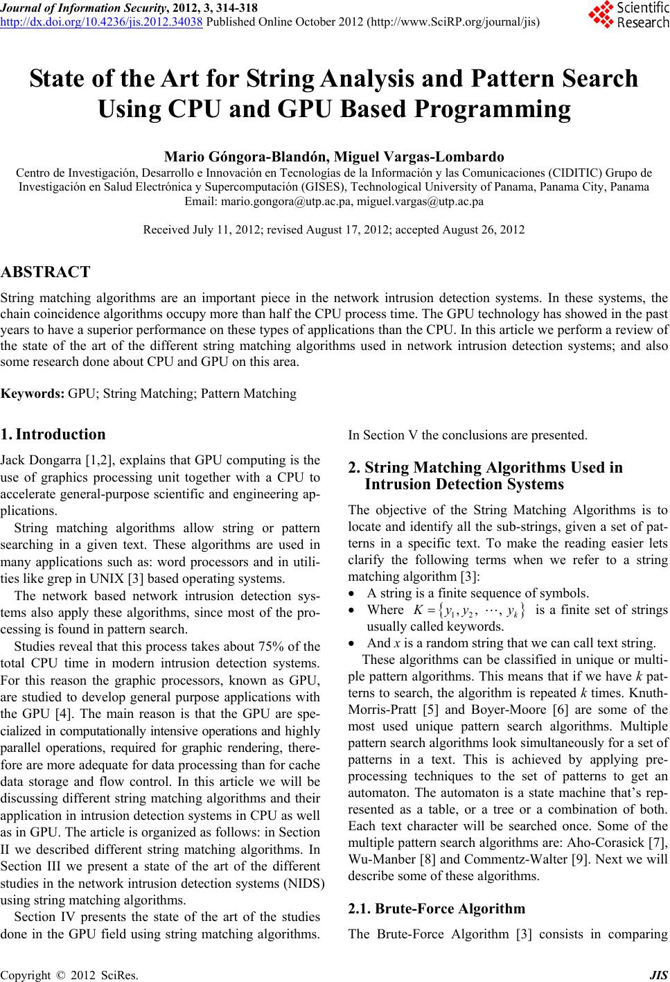 State of the Art for String Analysis and Pattern Search Using CPU and ...