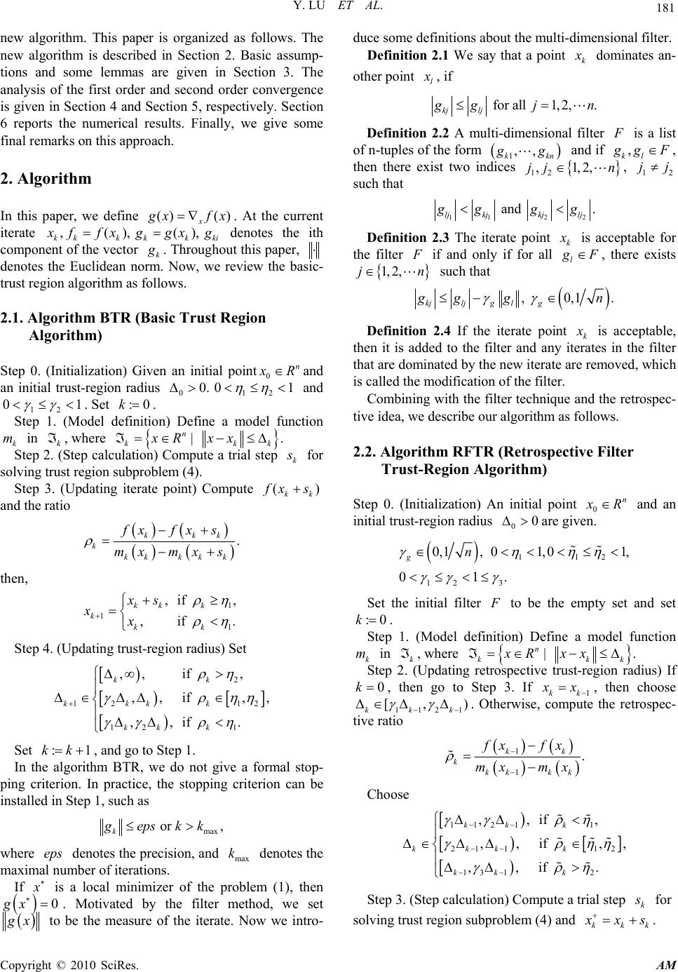 A Retrospective Filter Trust Region Algorithm for Unconstrained ...