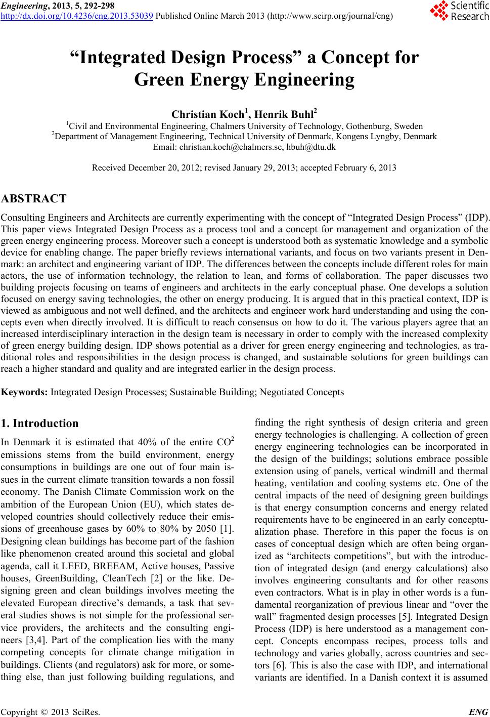 "Integrated Design Process" a Concept for Green Energy Engineering