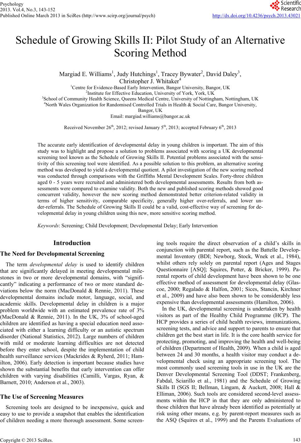 Schedule of Growing Skills II: Pilot Study of an Alternative Scoring Method