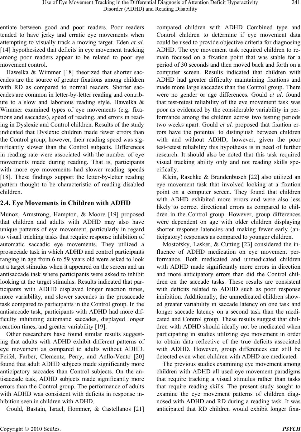 Use of Eye Movement Tracking in the Differential Diagnosis of Attention ...