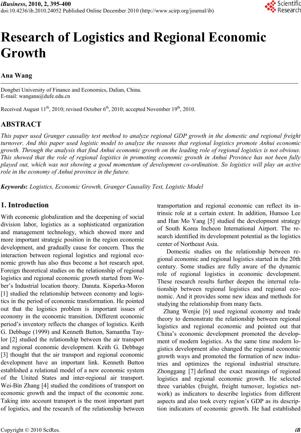 Research of Logistics and Regional Economic Growth