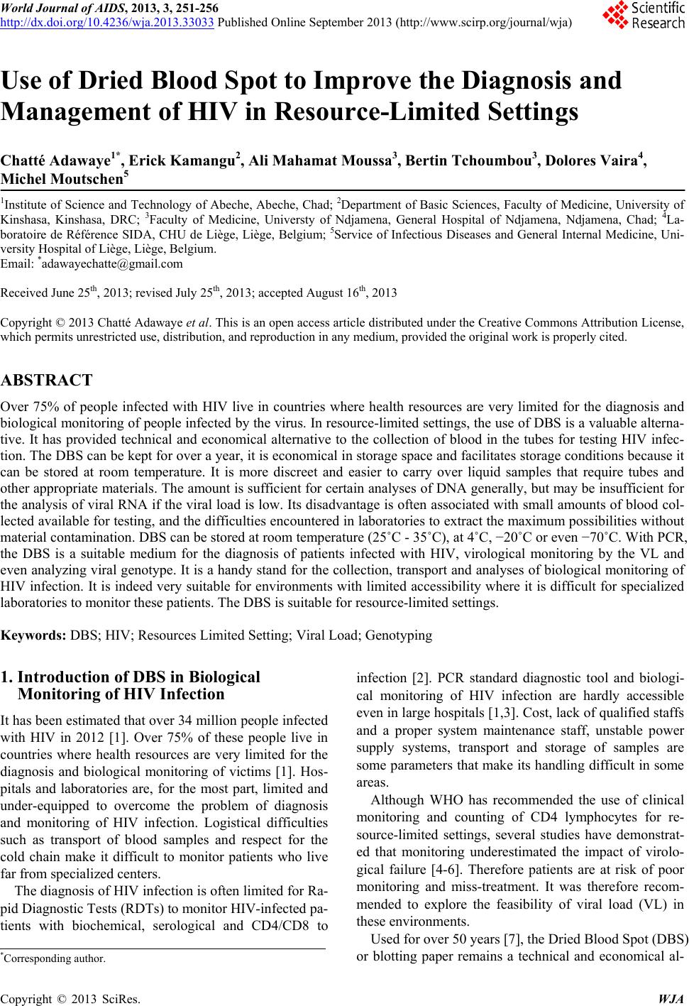 Use of Dried Blood Spot to Improve the Diagnosis and Management of HIV