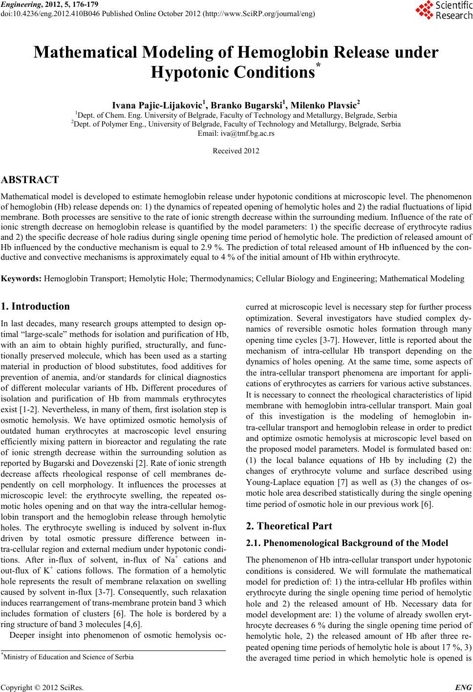 Mathematical Modeling of Hemoglobin Release under Hypotonic Conditions