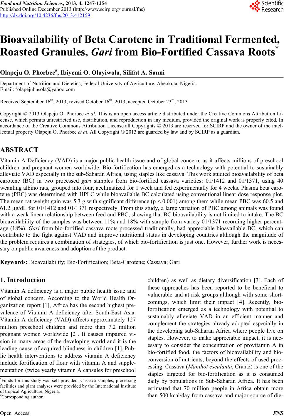 Bioavailability of Beta Carotene in Traditional Fermented, Roasted