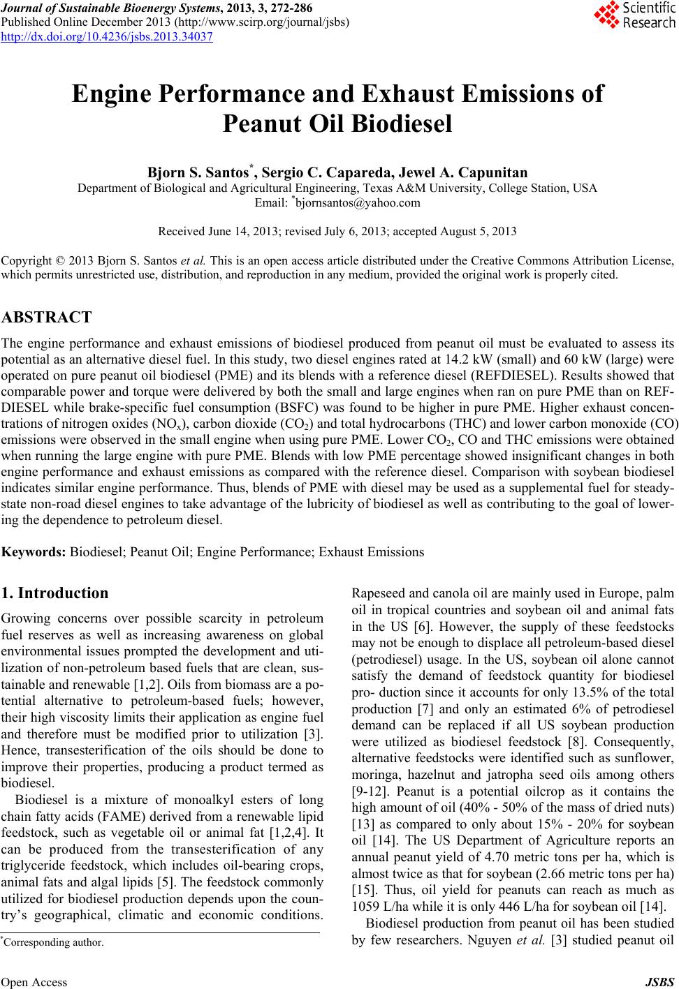 Engine Performance and Exhaust Emissions of Peanut Oil Biodiesel