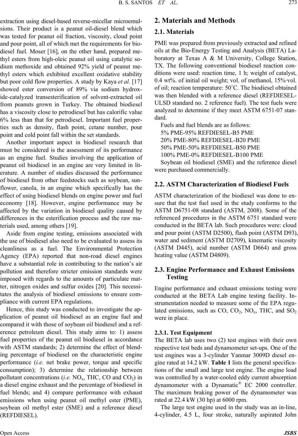 Engine Performance and Exhaust Emissions of Peanut Oil Biodiesel