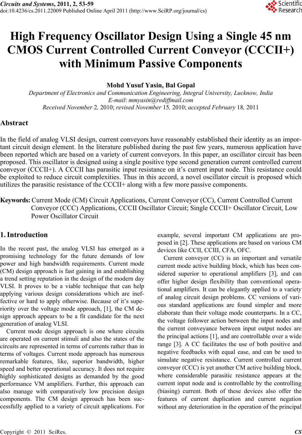 High Frequency Oscillator Design Using a Single 45 nm CMOS Current
