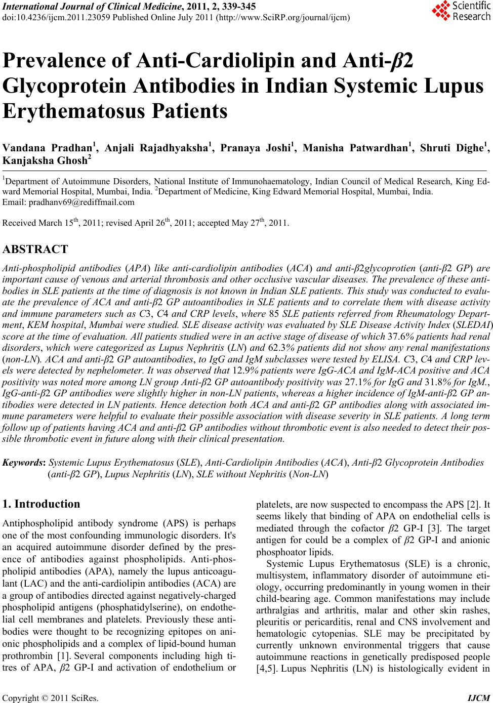 Prevalence of anti cardiolipin and anti 2 glycoprotein antibodies in