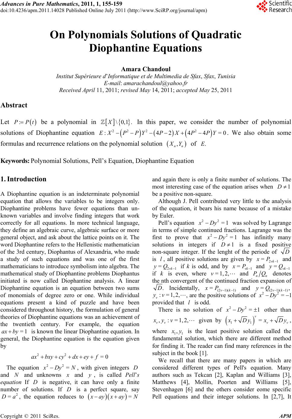 On Polynomials Solutions of Quadratic Diophantine Equations