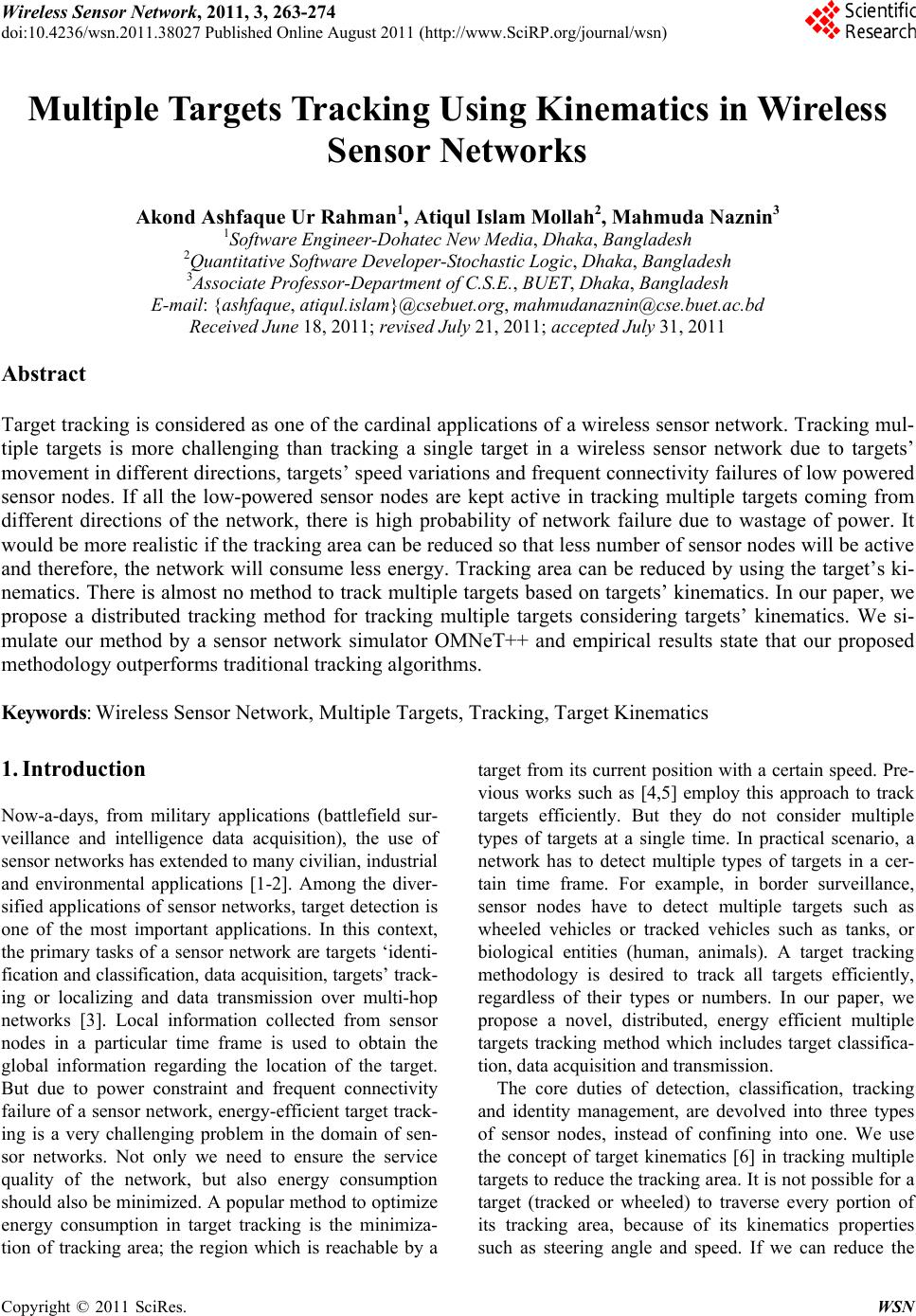 Multiple Targets Tracking Using Kinematics in Wireless Sensor Networks