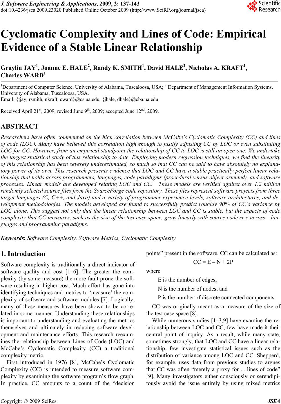Cyclomatic Complexity and Lines of Code: Empirical Evidence of a Stable ...