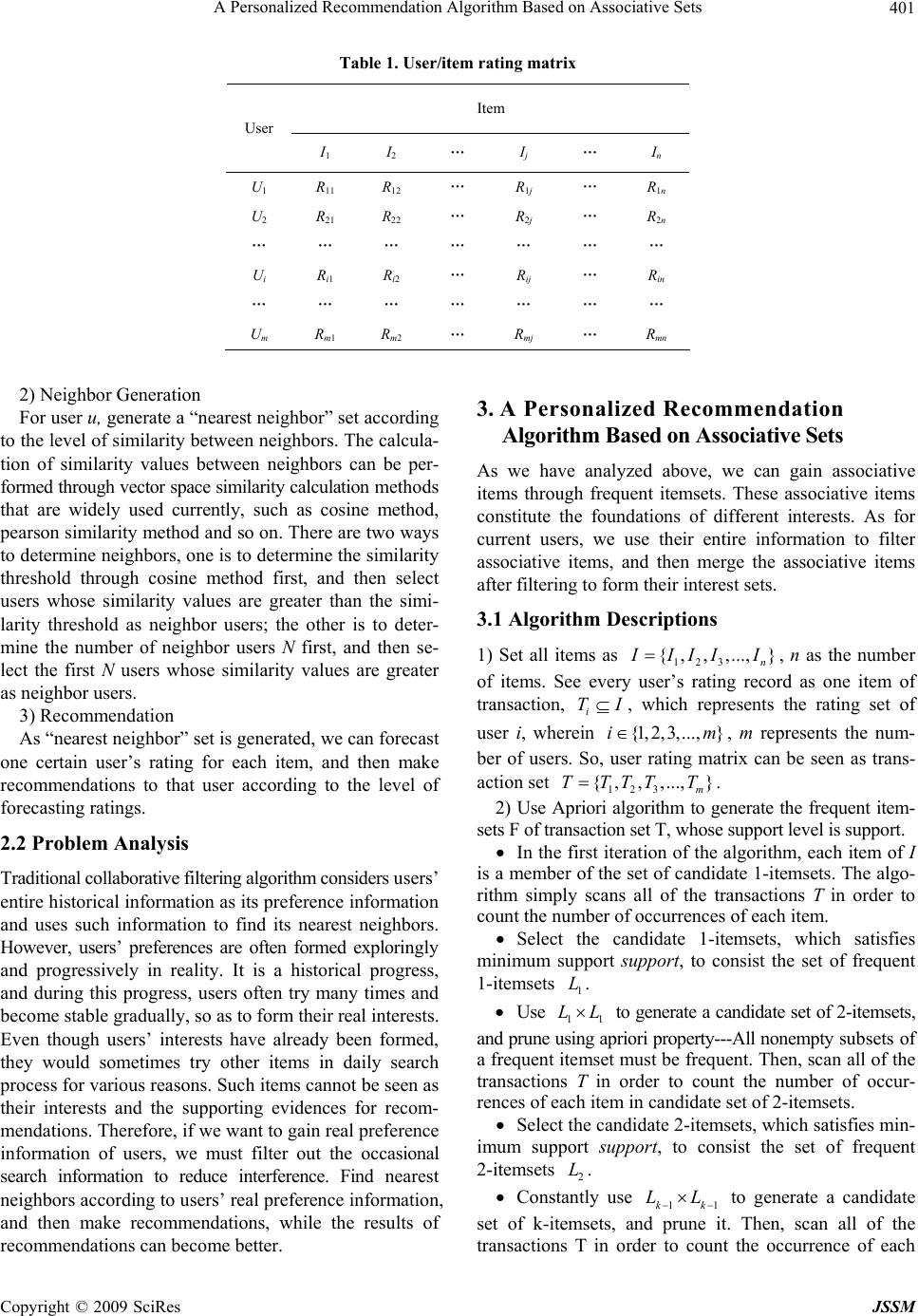 Personal Recommendation Algorithm A Personalized Recommendation Algorithm Based on Associative Sets